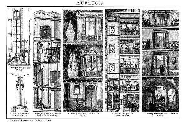 Elevators. Antique illustration engraving of various elevators