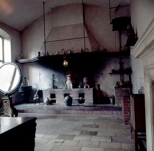 16th century alchemy laboratory rebuilt with authentic objects of the time