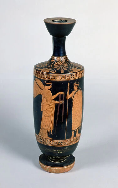 Attic Lekythos, depicting a nike (winged victory) offering a wreath to a youth, c