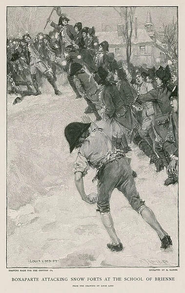 Bonaparte attacking snow forts at the School of Brienne (engraving)