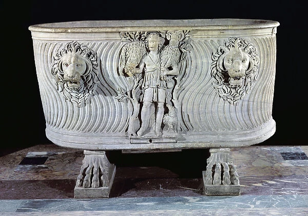 Borghese sarcophagus decorated with the Good Shepherd and heads of lions