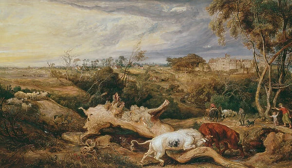 Bulls fighting; St. Donats Castle in the distance, c. 1803