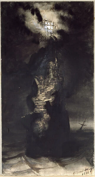 Casquets Lighthouse, 1866 (pen & ink wash on paper)