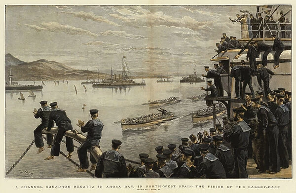 A Channel Squadron Regetta in Arosa Bay, in North-West Spain, the Finish of the Galley-race (colour litho)