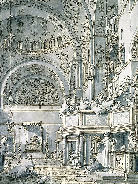 The Choir Singing in St. Marks Basilica, Venice, 1766 (pen, ink and wash on paper)