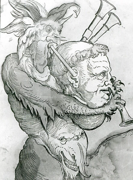 Devil Playing Mans Head as Bagpipes, 1144 (woodcut print) (b  /  w photo)