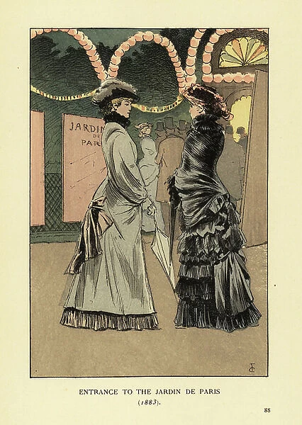 Entrance to the Jardin de Paris, 1883. Fashionable women in bonnets, shawls, dresses with flounces and parasols. At the entrance to an evening entertainment in a Paris park. Handcoloured lithograph by R. V