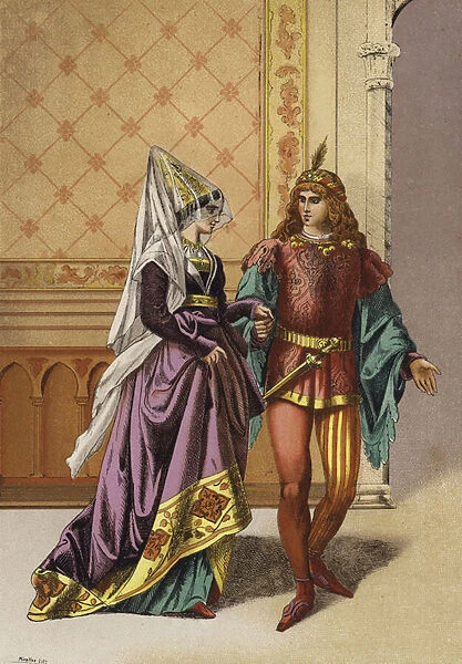 European noblewoman and minstrel, 15th Century (chromolitho)