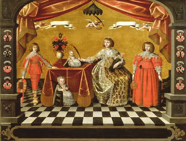 A Family Group Portrait with coats of arms