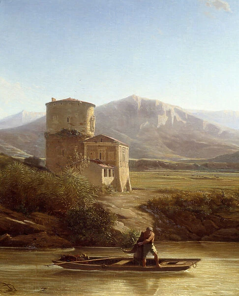 A fisherman on the banks of the Tiber in Italy Detail. Painting by Felix Thomas