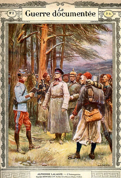 German prisoners interrogated by a French officer and the Zouaves, 1914-1917 (engraving)