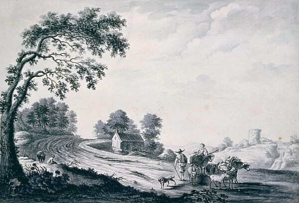 Italian Landscape with Peasants and Animals on a Road (drawing)