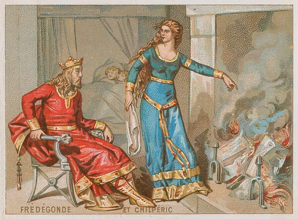 King Chilperic I and Fredegonde burn the record of taxes (chromolitho)