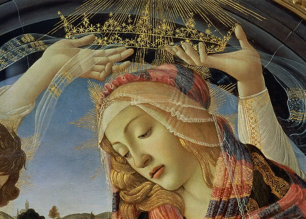 The Madonna of the Magnificat, detail of the Virgins face and crown