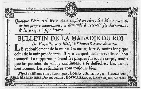 Medical bulletin about the illness of Louis XV (engraving)