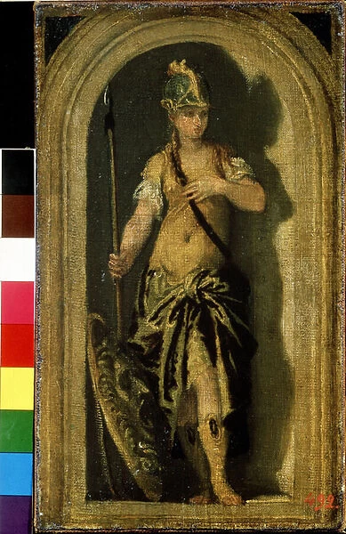Minerve (Minerca). Pres d elle, son bouclier avec la tete de la Gorgone Meduse. Peinture de Paolo Veronese (1528-1588). Huile sur toile, 28 x 16 cm, vers 1560. art venitien, renaissance italienne. Musee des Beaux Arts Pouchkine, Moscou