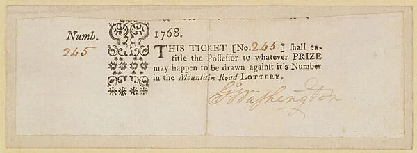 Mountain Road Lottery Ticket, signed by George Washington (1732-99) 1768 (ink on paper)