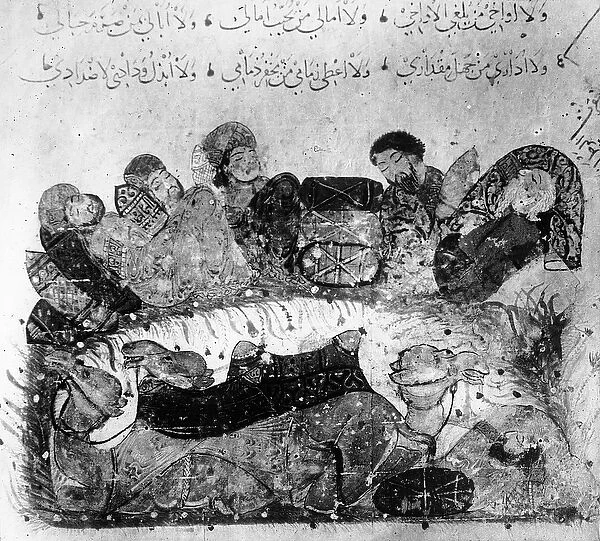Ms Ar 5847 f. 11, A caravan rest, from Le Maqamat de al Hariri, c. 1240