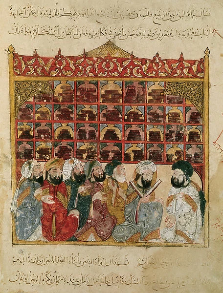 Ms Ar 5847 fol. 5, Abu Zayd in the library at Basra, from The Maqamat