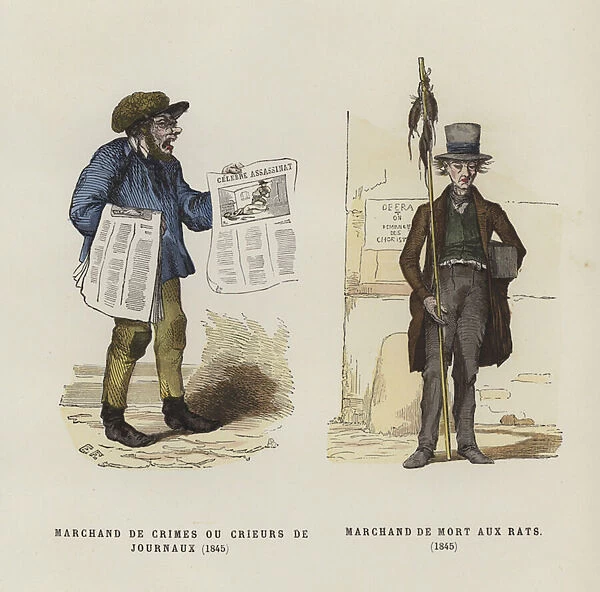 Newspaper seller and rat-catcher, 1845 (coloured engraving)