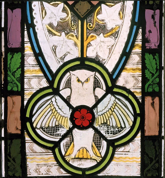 Owl and flower, 1865 (stained glass)