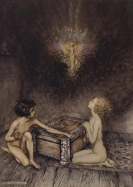 Pandora and Epimetheus, scene from A Wonder Book, by Nathaniel Hawthorne (colour litho)