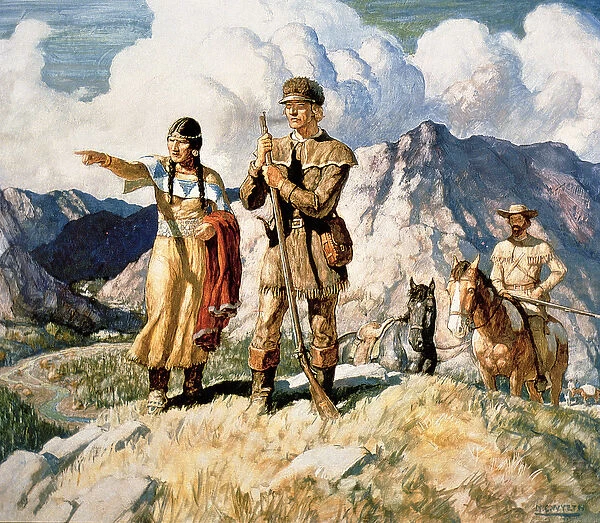 Sacagawea with Lewis and Clark during their expedition of 1804-06 (colour litho)