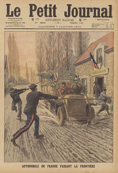 Smugglers car crossing the French border at speed (colour litho)