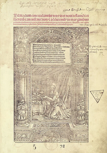 St. Jerome in his Studiolo, title page of a Bible, printed by J. Marion, Lyon, 1521