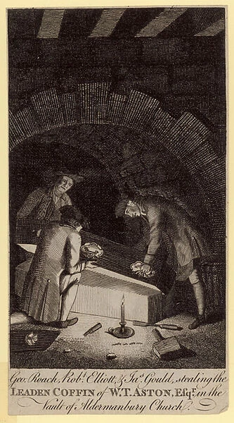 Stealing the leaden coffin of W T Aston (engraving)