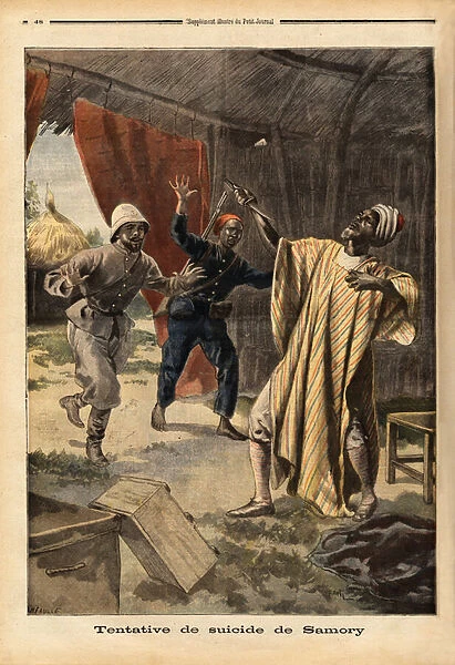 Suicide attempt by Samory (or Samori) Toure (1830-1900), ruler of a territory comprising present-day Guinee and Burkina Faso (Burkina Faso) and fighting French colonization in West Africa, he stabbed himself while captivated by French troops