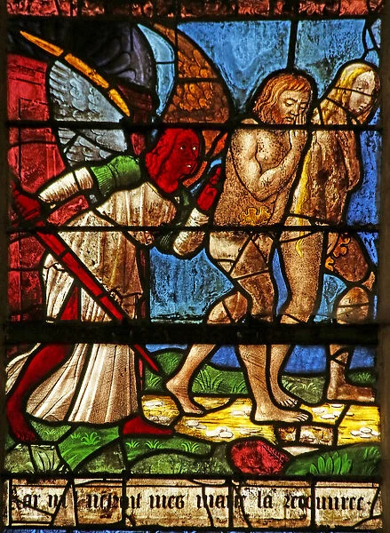 Window depicting Adam and Eve being expelled from Eden (stained glass)