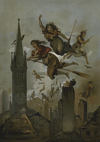 Witches flying on broomsticks (chromolitho)