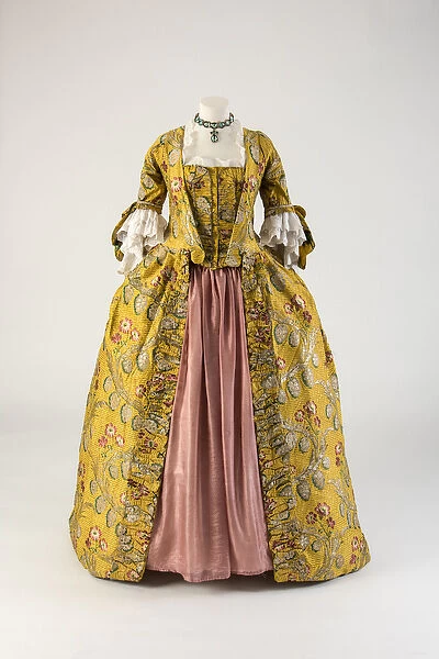 Yellow and gold woven silk robe a la francaise, 1760s (silk)