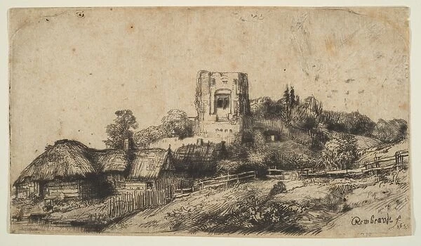 Landscape Square Tower 1650 Etching drypoint