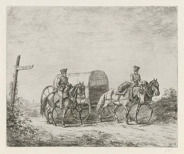 Two soldiers on horseback on the road, print maker: Christiaan Wilhelmus Moorrees