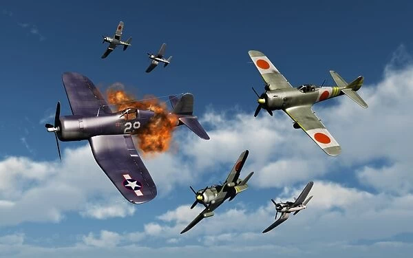 F4U Corsair aircraft and Japanese Nakajima fighter planes in aerial combat