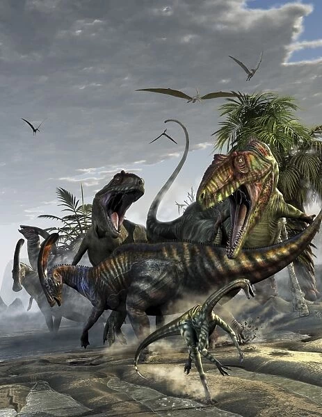 Two Giganotosaurus trying to capture a Parasaurolophus