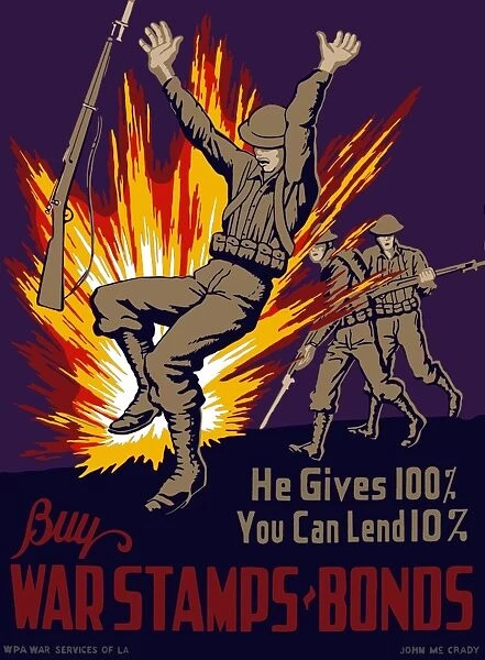 Vintage World War II poster of three soldiers in combat