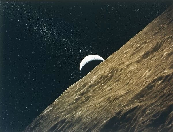 Earth rising above the Moon, seen from Apollo 15, July-August 1971. Creator: NASA
