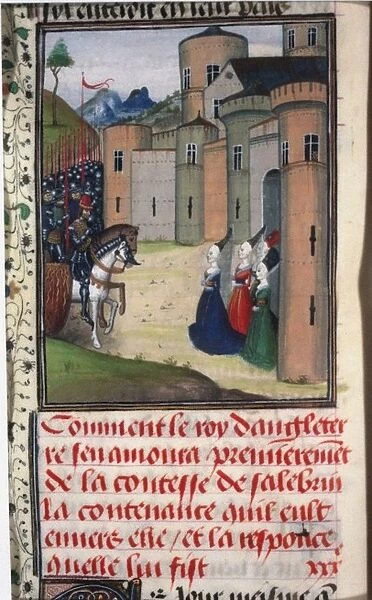 Edward III of England and Catherine Grandison. Miniature from Chroniques d Angleterre by Jean de Wav Artist: Anonymous