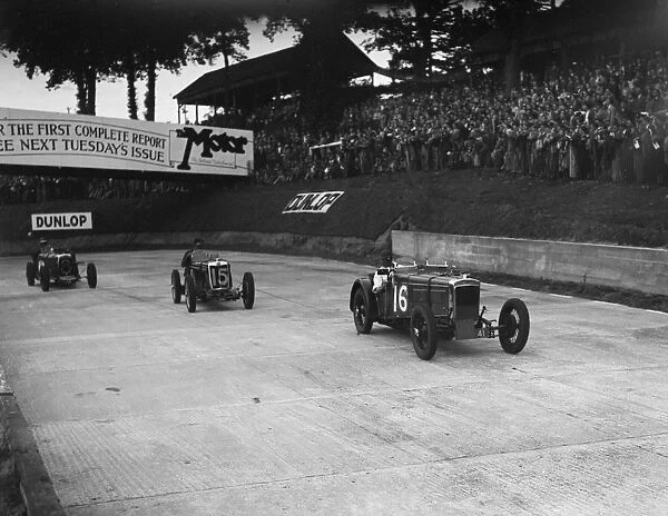 Frazer-Nash, MG and HRG racing at Brooklands, 1938 or 1939. Artist: Bill Brunell