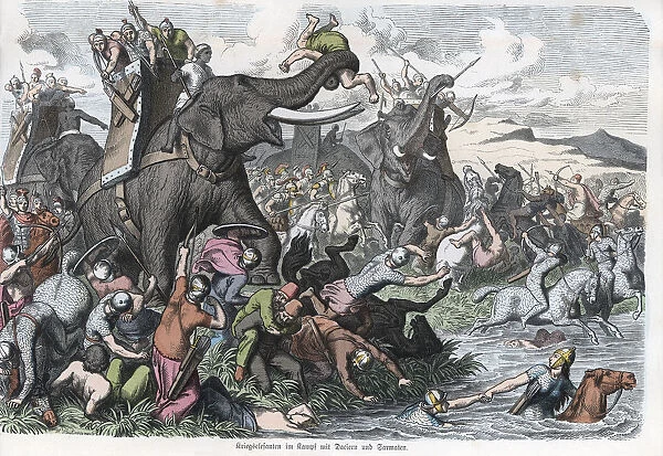 Greeks with elephants fighting against Dacians and Sarmatians, engraving 1865