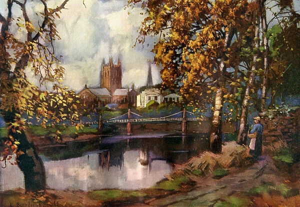 Hereford Cathedral, from the river walk, Herefordshire, 1924-1926. Artist: Louis Burleigh Bruhl