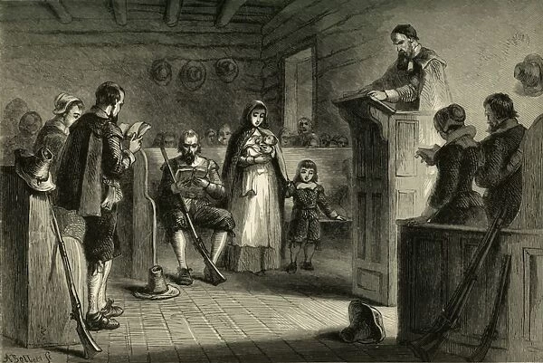 Public Worship at Plymouth by the Pilgrims, (1877). Creator: Albert Bobbett