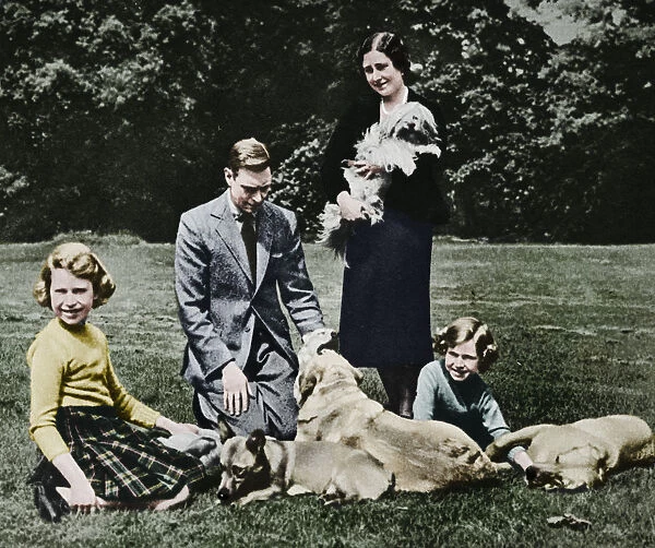 Royal family as a happy group of dog lovers, 1937. Artist: Michael Chance