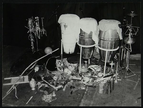 A selection of Brazilian percussionist Guilherme Francos instruments, Middlesbrough, 1978