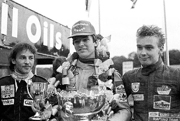 British Formula Ford Festival: The podium: Uwe Schafer Van Diemen, second; Gerrit Van Kouwen Lola, festival winner and Bertrand Gachot