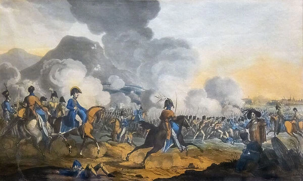 The Battle of Salamanca, 22 July 1812, during the Peninsula War. Wellington is seen to the left in a blue coat amidst the troops of his Anglo-Portuguese army. A Spanish division was also present, tasked with blocking French escape routes. After a work by William Heath