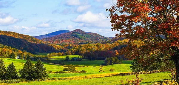 Landscape of forests on the hills with autumn coloured foliage and lush green fields